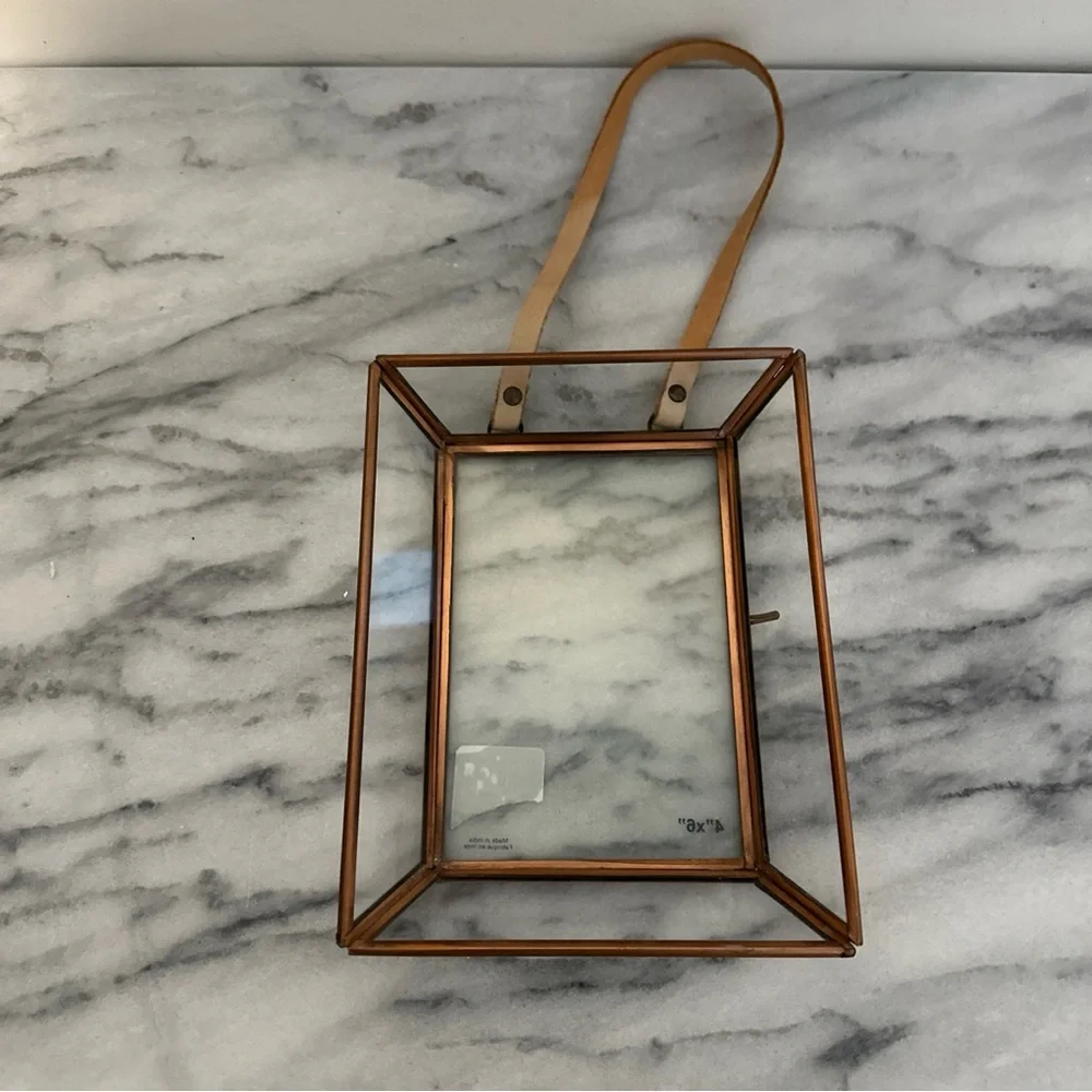 Anthropologie Townsend brass box style picture photo frame with leather string
